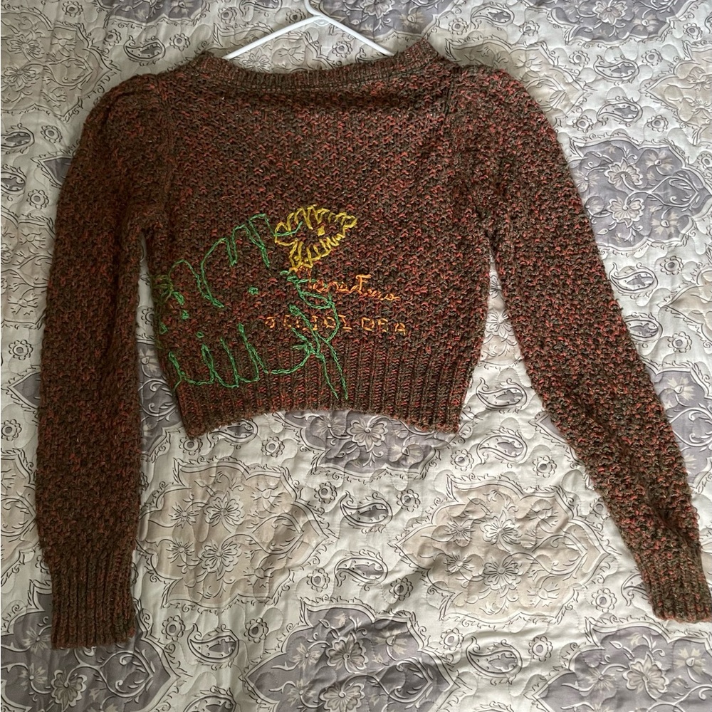 Anthropologie Brown Cropped V-Neck Sweater with Yellow & Green Leaf Embroidery - Picture 15 of 15